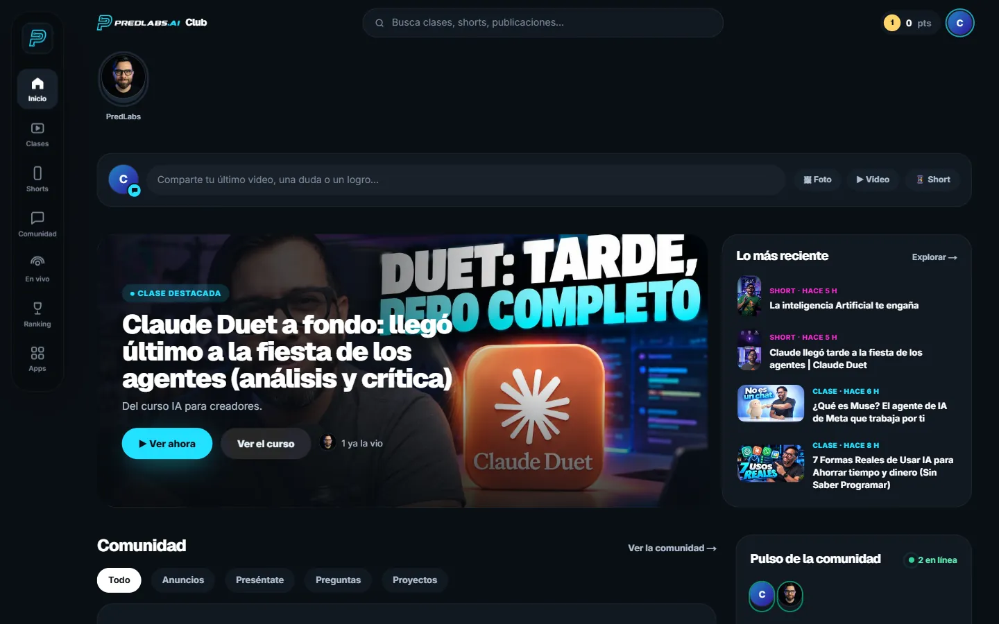 La página de inicio del Club: clase destacada, lo más reciente, la comunidad y el pulso de la comunidad